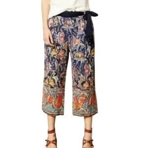 Anthropologie Boho Linen Blend Bird Print Pull-on Cropped Wide Leg Pant